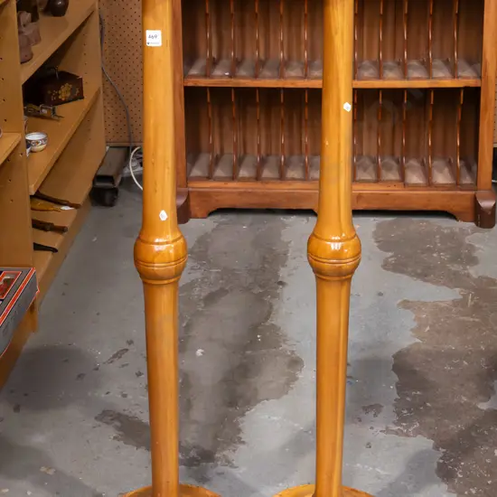pair of rimu jardiniere stands / torchieres. H-1130. Some water staining around bases.