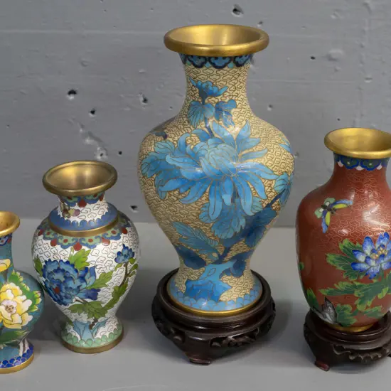 4 assorted Chinese cloisonne vases, 2 with stands. Largest is H-190 not including stand.
