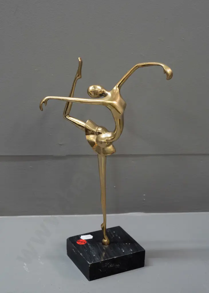 retro cast brass ballerina figure on dark marble base - some chipping to edges of marble H-300 Image 1++