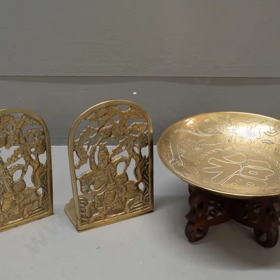 Chinese brass items - pair of pierced book-ends H-145 and a bowl with incised decoration D-180 on wooden base