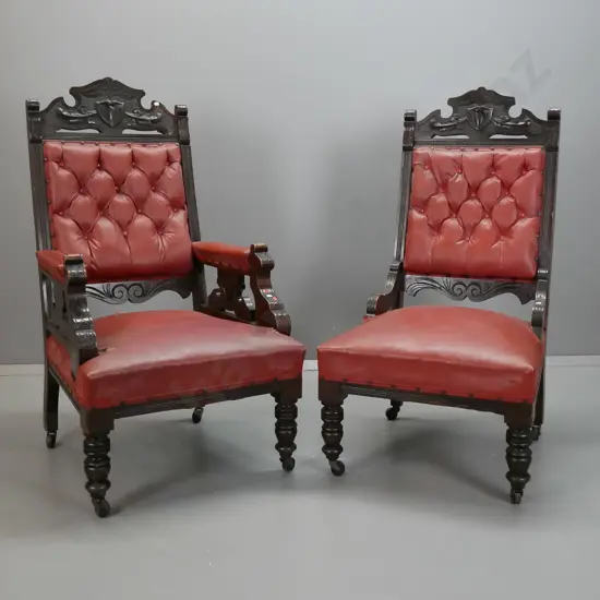 restorer's New Zealand colonial kauri and rimu lady's and gent's chairs with deep button vinyl upholstery, carved crest