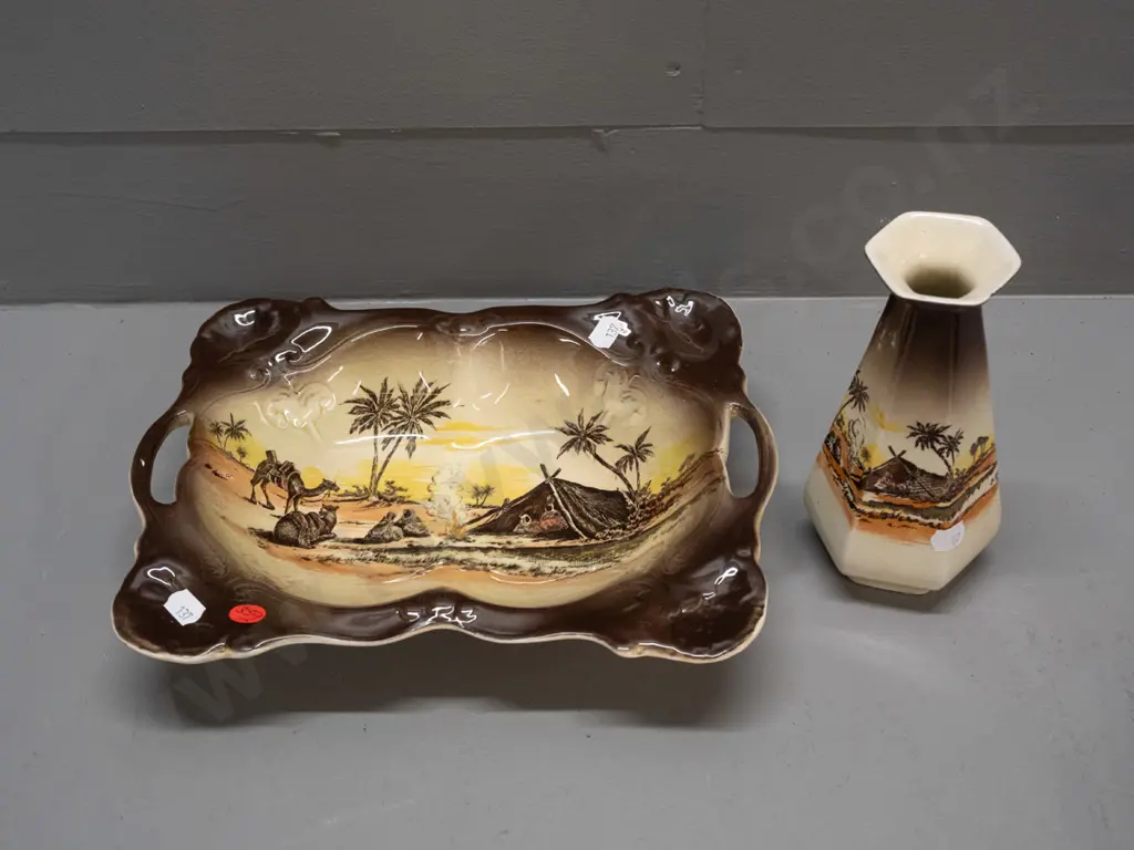 2 pieces Wilkinson Homeland Series African scenes - dish and faceted side vase in brown tones. Dish H-200 W-280 Image 1++