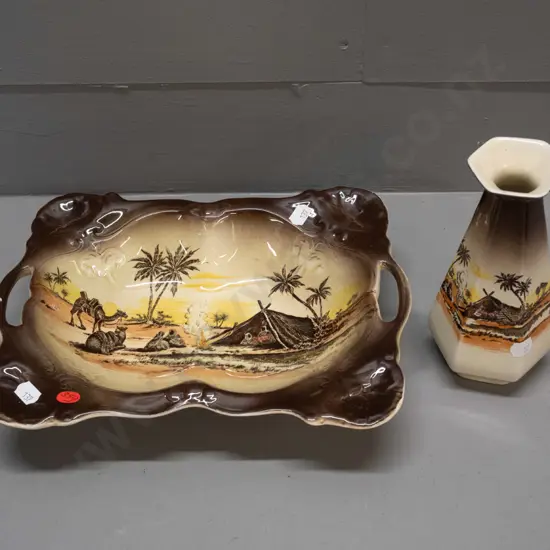 2 pieces Wilkinson Homeland Series African scenes - dish and faceted side vase in brown tones. Dish H-200 W-280