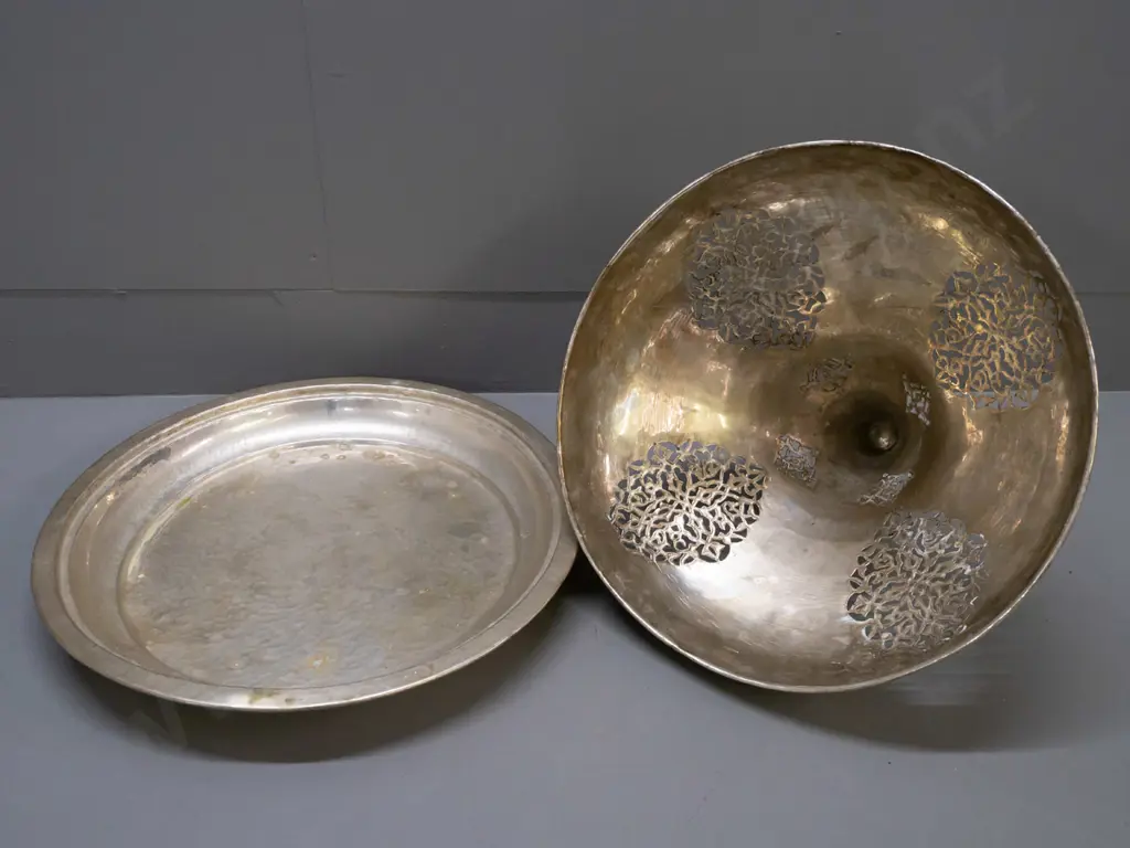 Lebanese silver plated serving tray with conical cover with pierced decoration, crescent moon finial - from Tripoli. Image 1++