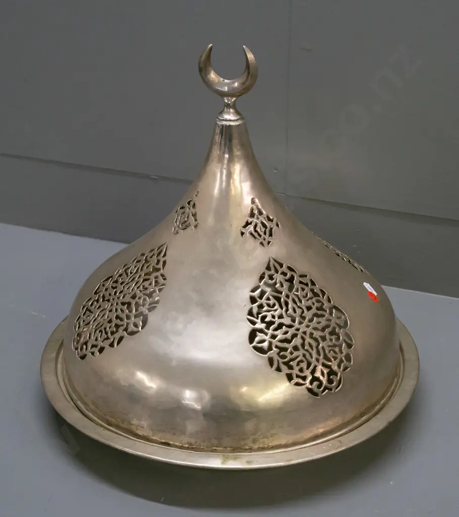 Lebanese silver plated serving tray with conical cover with pierced decoration, crescent moon finial - from Tripoli. Image 1++
