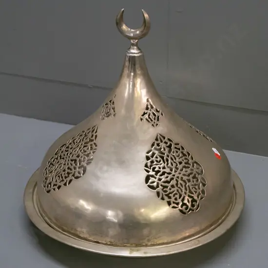 Lebanese silver plated serving tray with conical cover with pierced decoration, crescent moon finial - from Tripoli.