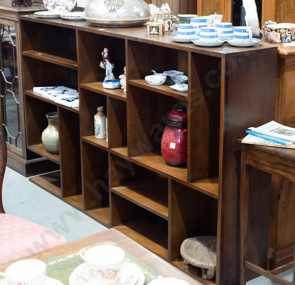 dark stained oak open bookcase / shelf unit with various sized compartments - minor staining / scratching H-1040 Image 1++