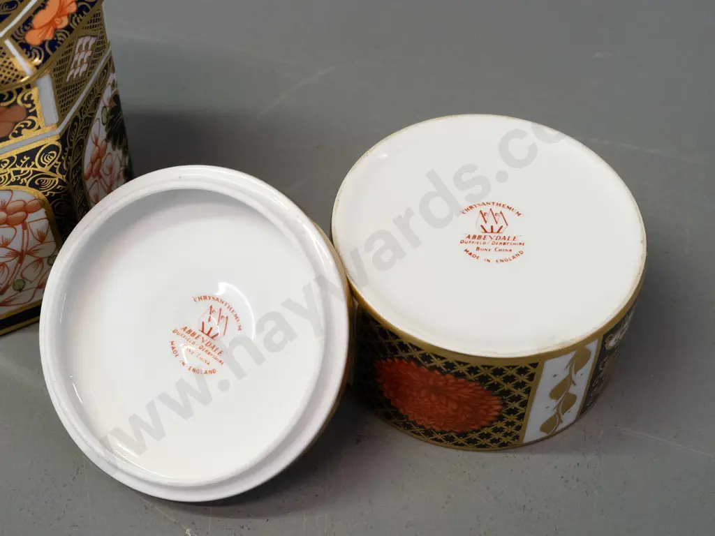 2 Imari pattern lidded canisters - Royal Crown Derby faceted sided, and an Abbeydale chrysanthemum pattern with gilded Image 1++