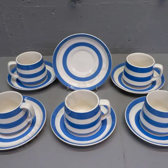 T&G Greene blue and white Cornish tea/coffee ware - 5 cups and 6 saucers - some crazing, rim chip to one cup