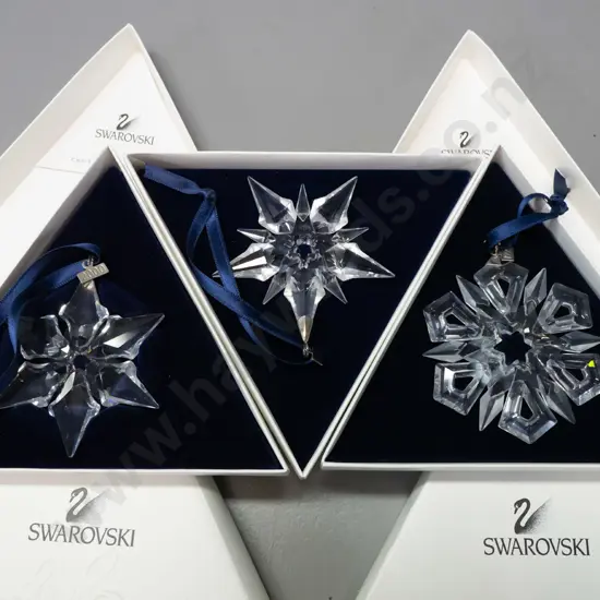 3 boxed Swarovski crystal Christmas snowflake ornaments in original boxes - 1999, 2000 and 2001