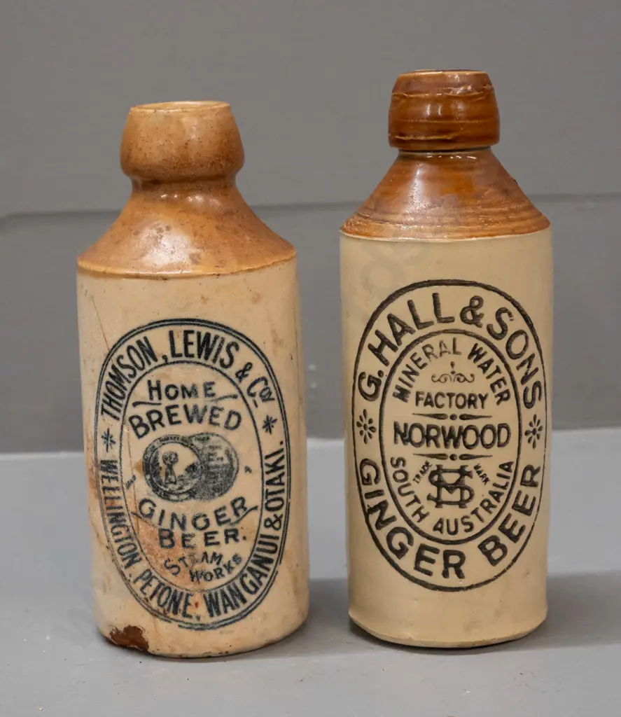 2 vintage stoneware ginger beer bottles - Thomson Lewis Co. Wellington / Petone etc - and G. Hall & Sons Australia Image 1++