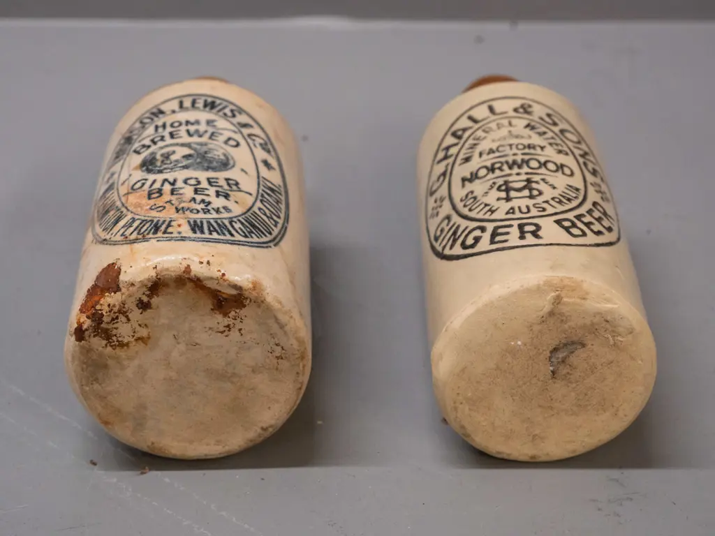 2 vintage stoneware ginger beer bottles - Thomson Lewis Co. Wellington / Petone etc - and G. Hall & Sons Australia Image 1++
