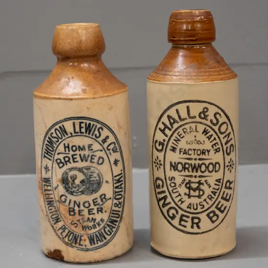 2 vintage stoneware ginger beer bottles - Thomson Lewis Co. Wellington / Petone etc - and G. Hall & Sons Australia
