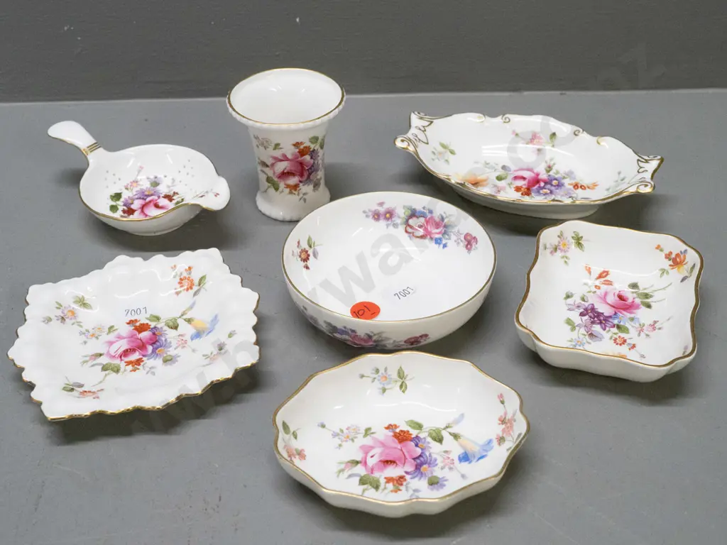 7 small Royal Crown Derby fine floral items, some marked Posies - small vase H-65, tea strainer and 5 dishes Image 1++