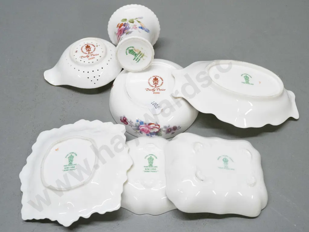 7 small Royal Crown Derby fine floral items, some marked Posies - small vase H-65, tea strainer and 5 dishes Image 1++