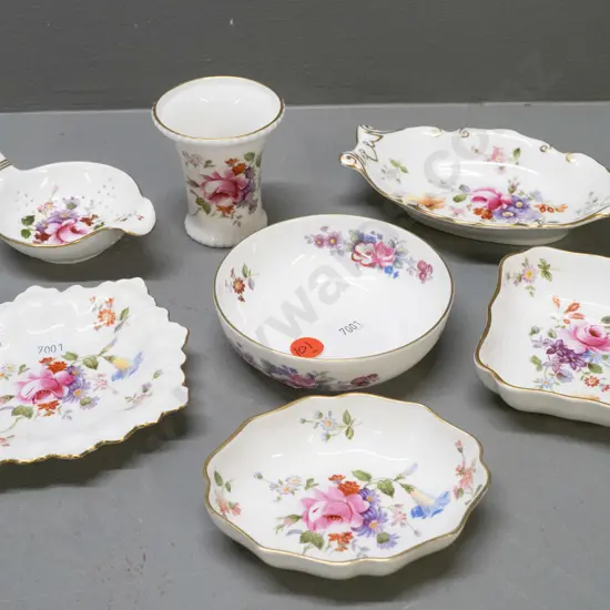 7 small Royal Crown Derby fine floral items, some marked Posies - small vase H-65, tea strainer and 5 dishes