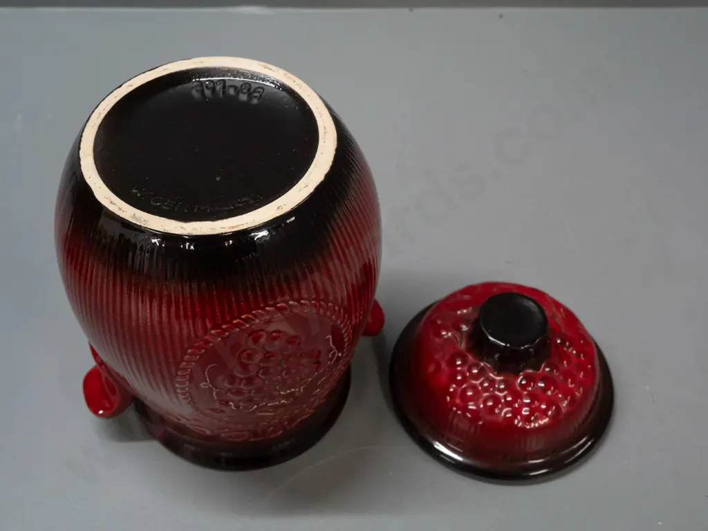 red and black glaze German pottery "Rumtopf" fruit motif lidded crock with lug handles H-290 W-180 Image 1++