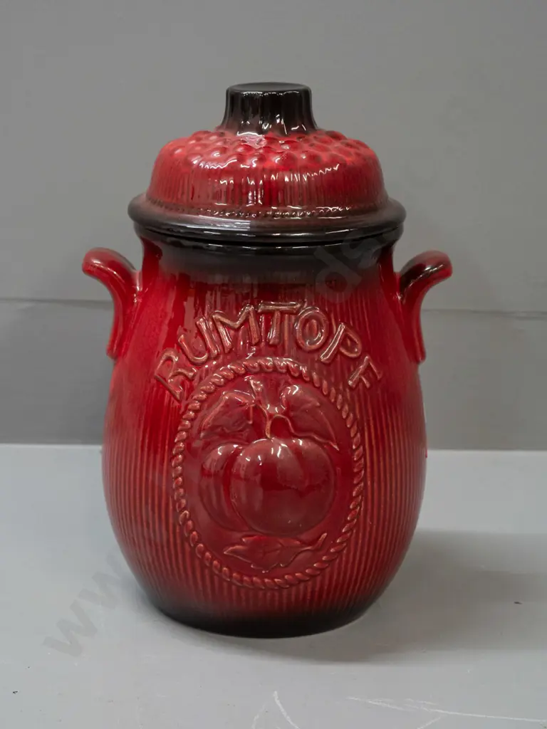 red and black glaze German pottery "Rumtopf" fruit motif lidded crock with lug handles H-290 W-180 Image 1++