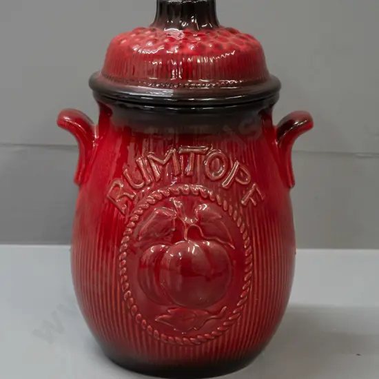 red and black glaze German pottery "Rumtopf" fruit motif lidded crock with lug handles H-290 W-180
