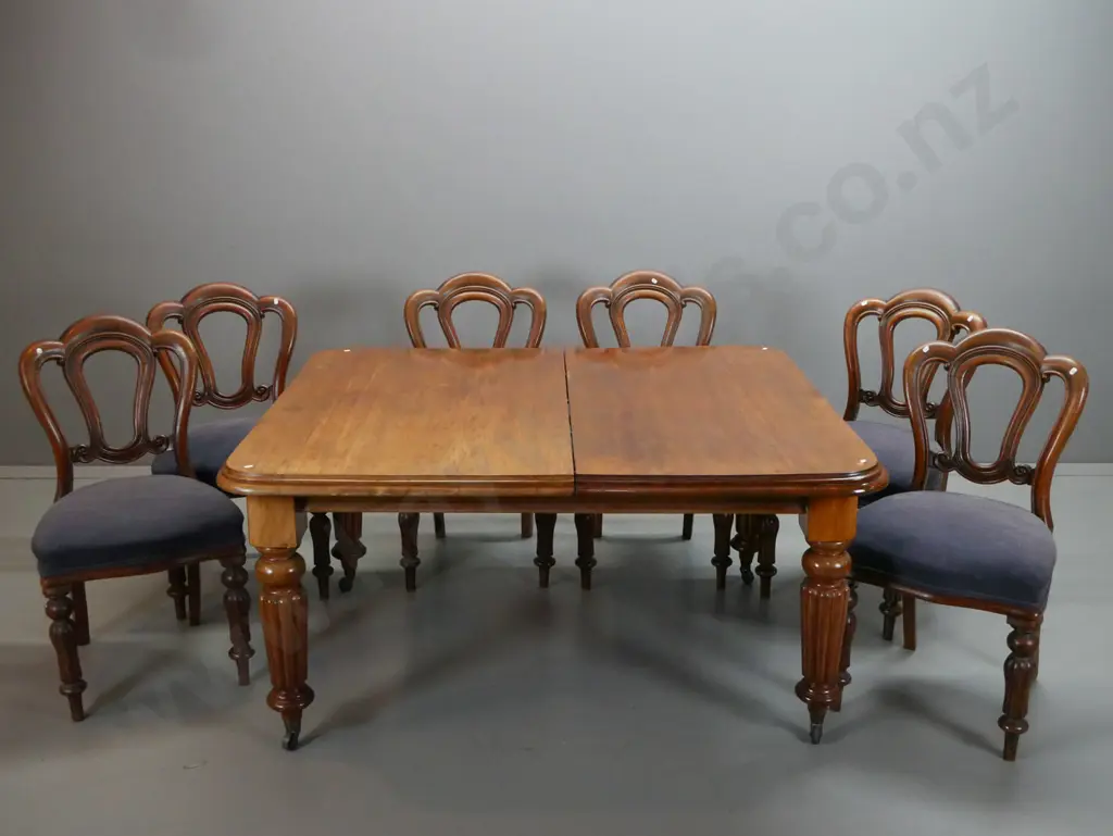 Victorian mahogany wind-out dining table with fluted legs, 2 leaves, 6 Victorian admiralty style dining chairs with Image 1++