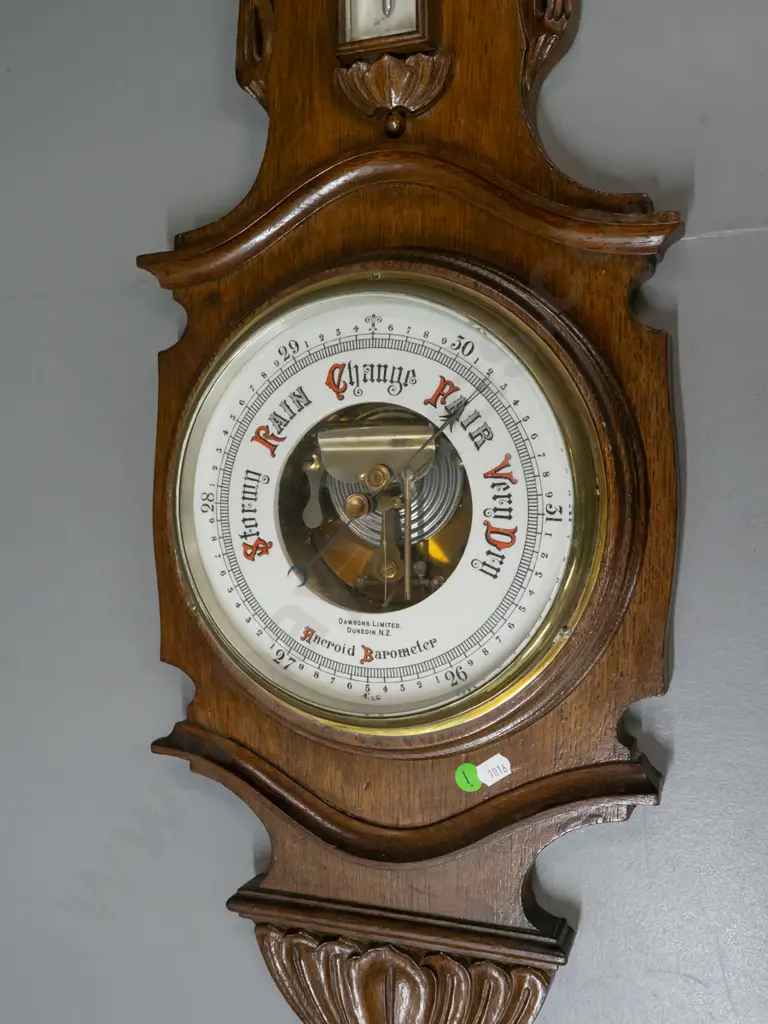 vintage wall barometer in carved oak case, with brass bezel & porcelain face, mercury filled thermometer - Dawson's Image 1++