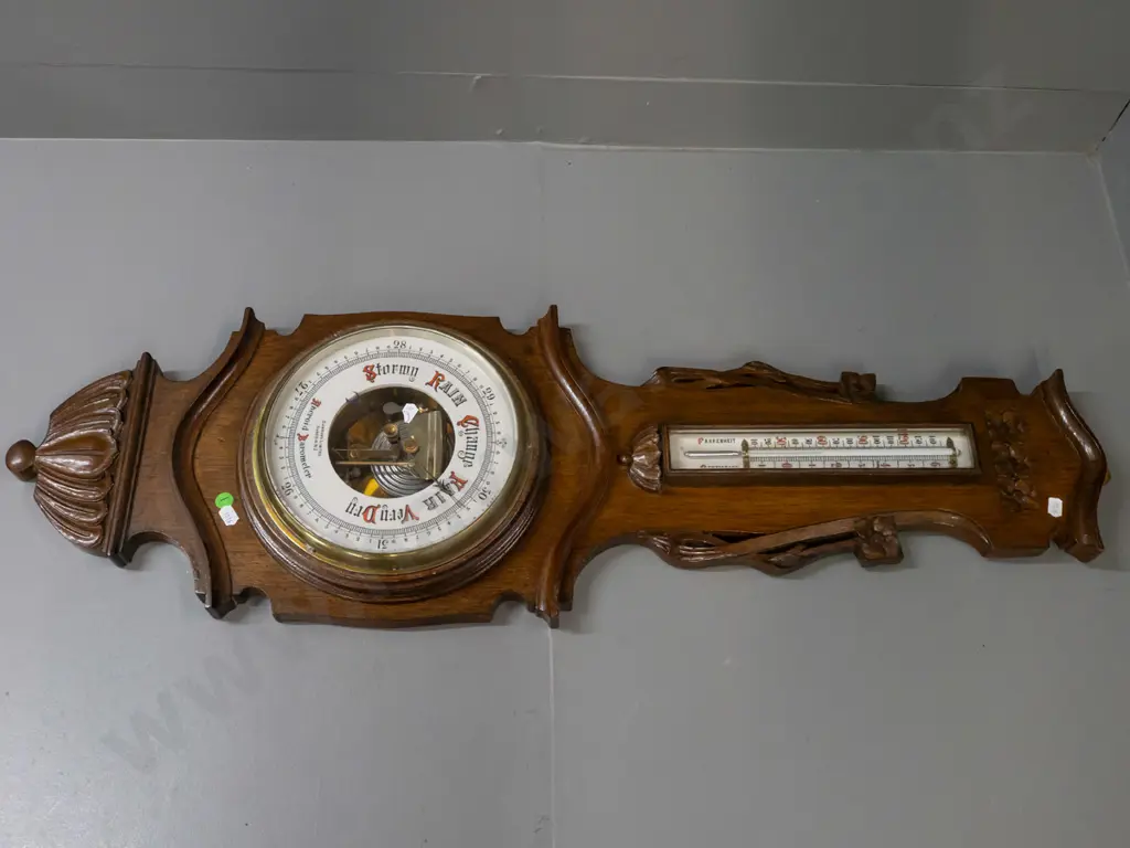 vintage wall barometer in carved oak case, with brass bezel & porcelain face, mercury filled thermometer - Dawson's Image 1++