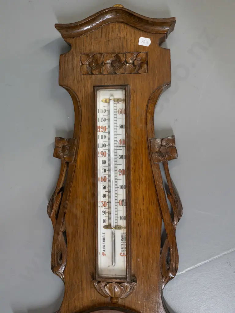 vintage wall barometer in carved oak case, with brass bezel & porcelain face, mercury filled thermometer - Dawson's Image 1++
