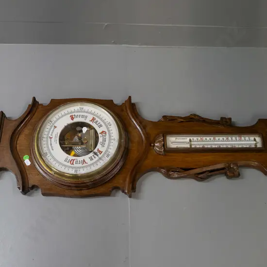 vintage wall barometer in carved oak case, with brass bezel & porcelain face, mercury filled thermometer - Dawson's