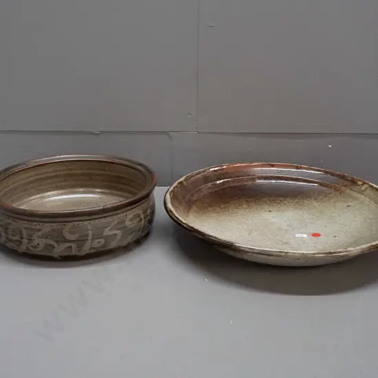 2 pieces New Zealand studio pottery - large shallow bowl / charger and a bowl with band of wax resist decoration - both