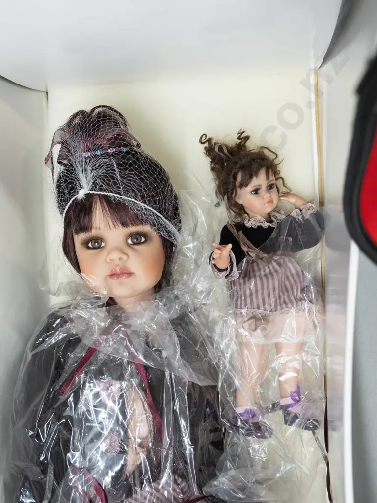 Jan Mclean 2006 "Keisha II" seated doll and companion doll, in original packaging with stand, documents and certificate Image 1++