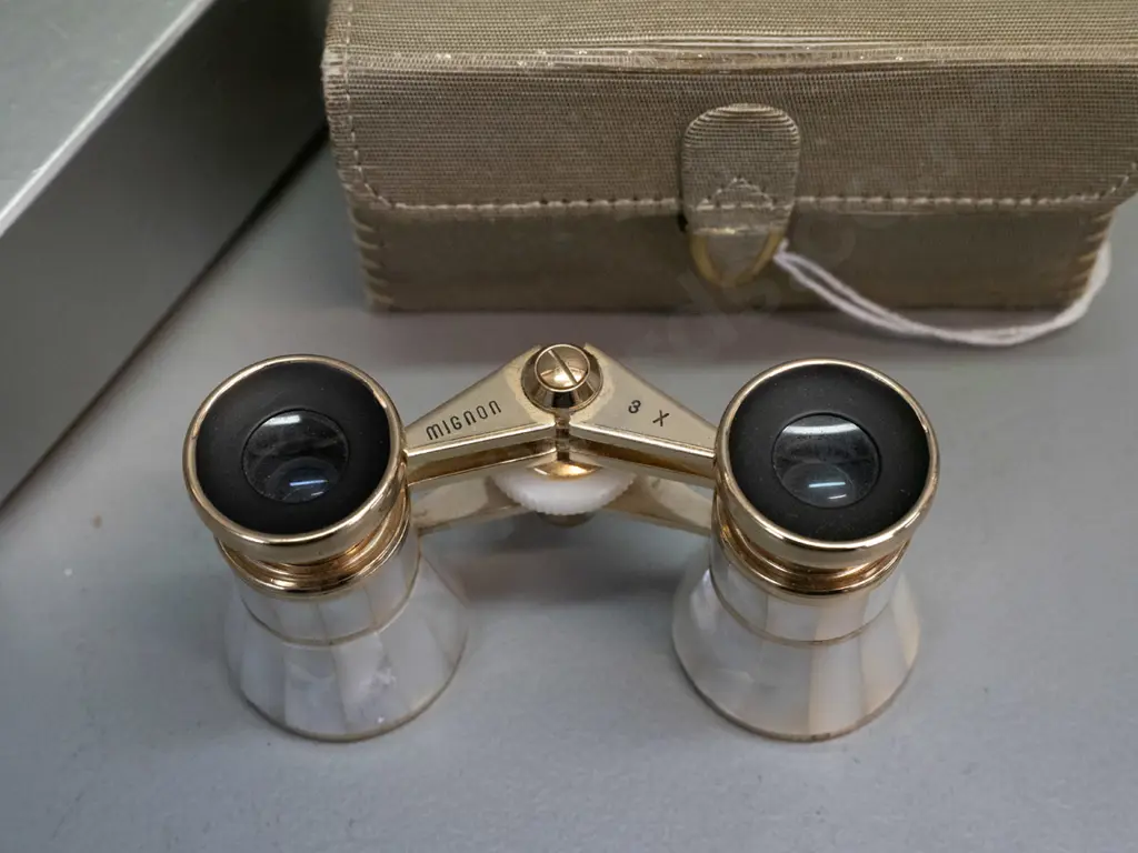 retro pair of Mignon opera glasses - mother of pearl and brass with case and original box, cleaning cloth Image 1++