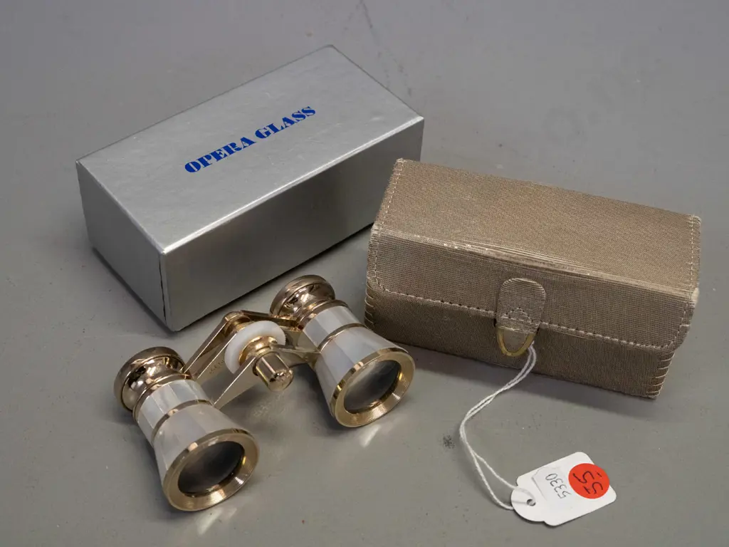 retro pair of Mignon opera glasses - mother of pearl and brass with case and original box, cleaning cloth Image 1++