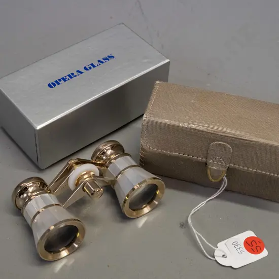 retro pair of Mignon opera glasses - mother of pearl and brass with case and original box, cleaning cloth
