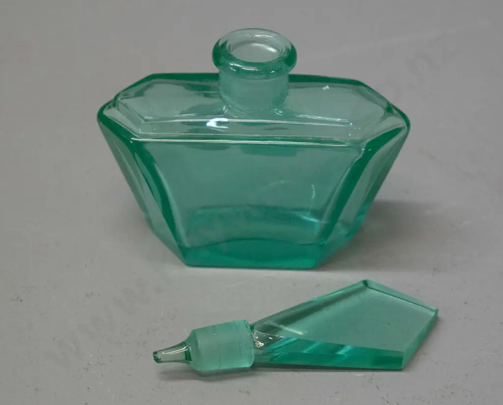 small deco uranium glass perfume bottle with diamond shaped stopper - dropper end of stopper broken Image 1++