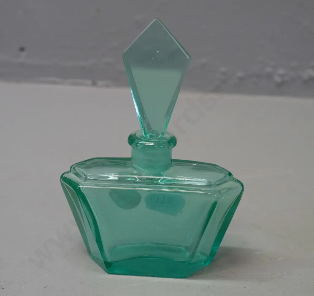 small deco uranium glass perfume bottle with diamond shaped stopper - dropper end of stopper broken Image 1++