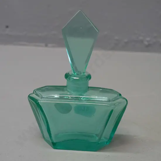 small deco uranium glass perfume bottle with diamond shaped stopper - dropper end of stopper broken