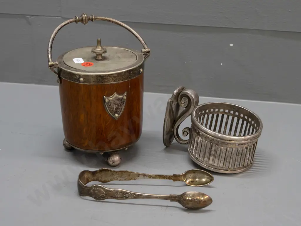 vintage sterling silver sugar tongs and 2 silver plated items - wall mount pierced holder (Walker & Hall flag stamp?) Image 1++
