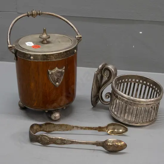 vintage sterling silver sugar tongs and 2 silver plated items - wall mount pierced holder (Walker & Hall flag stamp?)