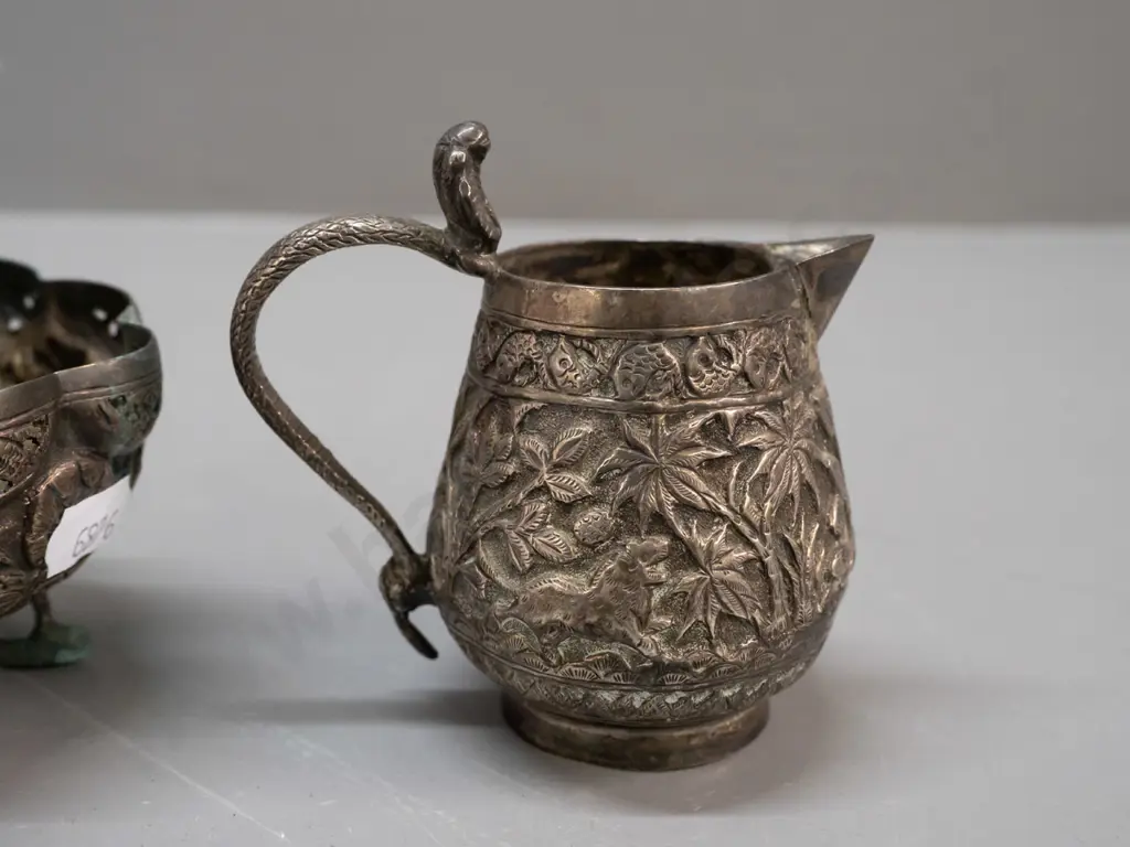 pressed and pierced silver or silver-plated jug and small footed bowl, both with fish stamp mark - discolouration and Image 1++