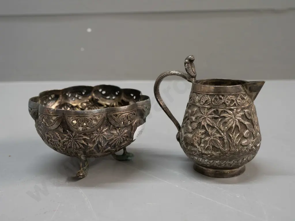 pressed and pierced silver or silver-plated jug and small footed bowl, both with fish stamp mark - discolouration and Image 1++