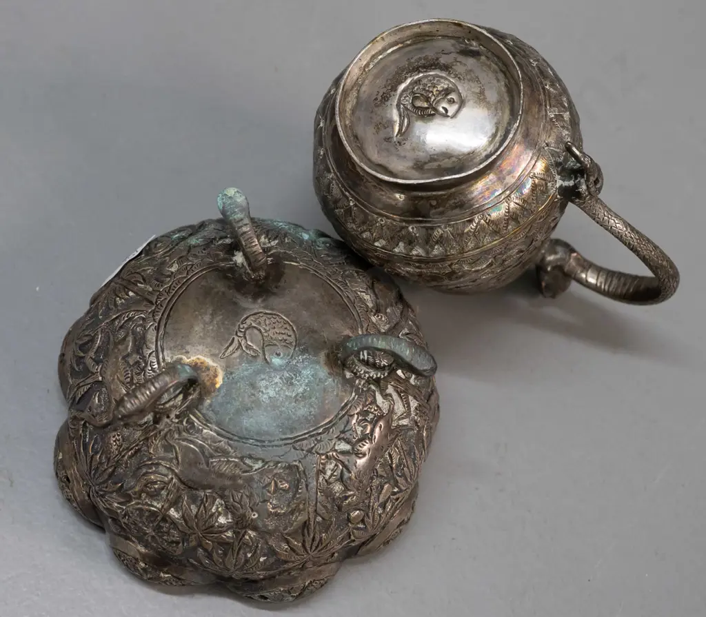 pressed and pierced silver or silver-plated jug and small footed bowl, both with fish stamp mark - discolouration and Image 1++