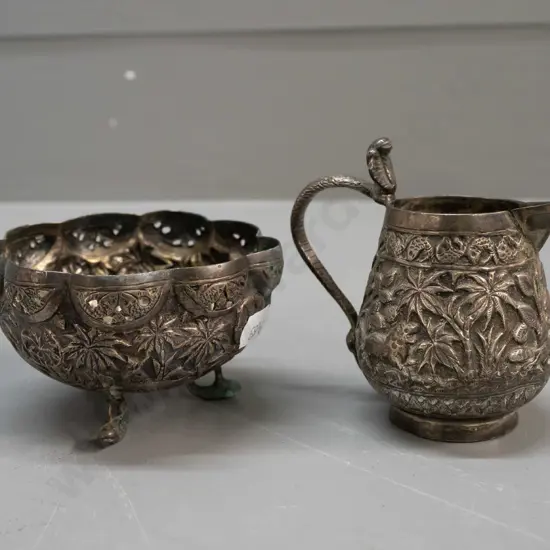 pressed and pierced silver or silver-plated jug and small footed bowl, both with fish stamp mark - discolouration and