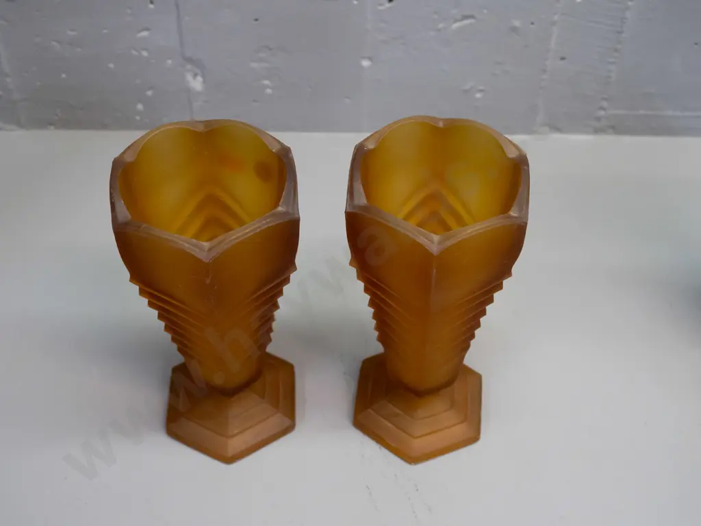 pair of deco amber moulded & frosted glass vases H-210 D-100 Image 1++