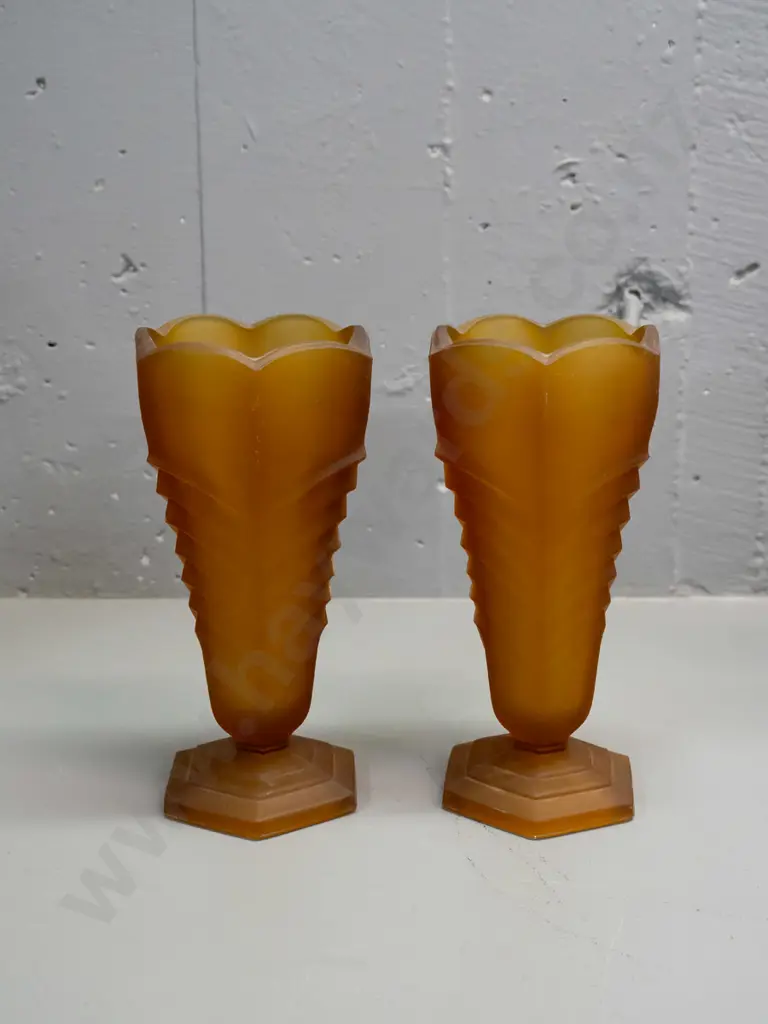 pair of deco amber moulded & frosted glass vases H-210 D-100 Image 1++