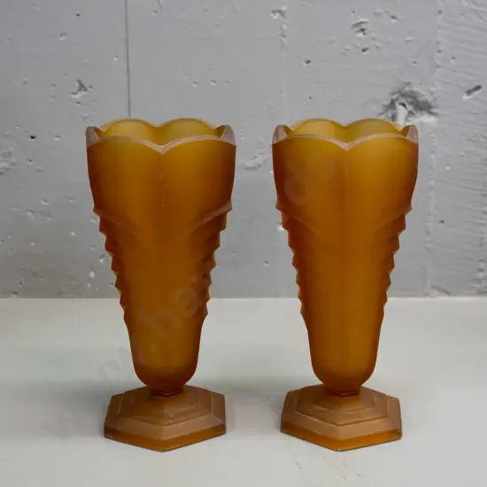 pair of deco amber moulded & frosted glass vases H-210 D-100