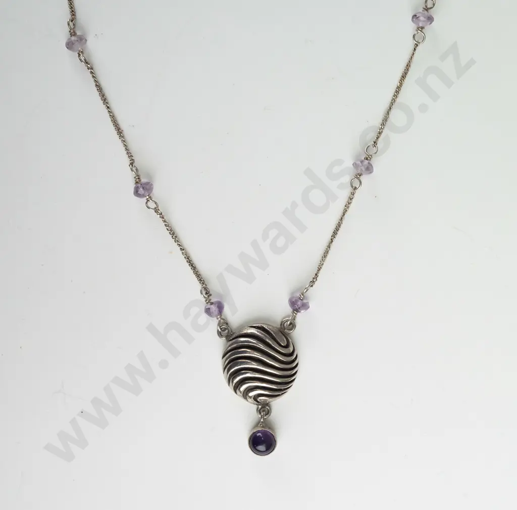 silver amethyst bead necklace stamped 95 - 11g Image 1++