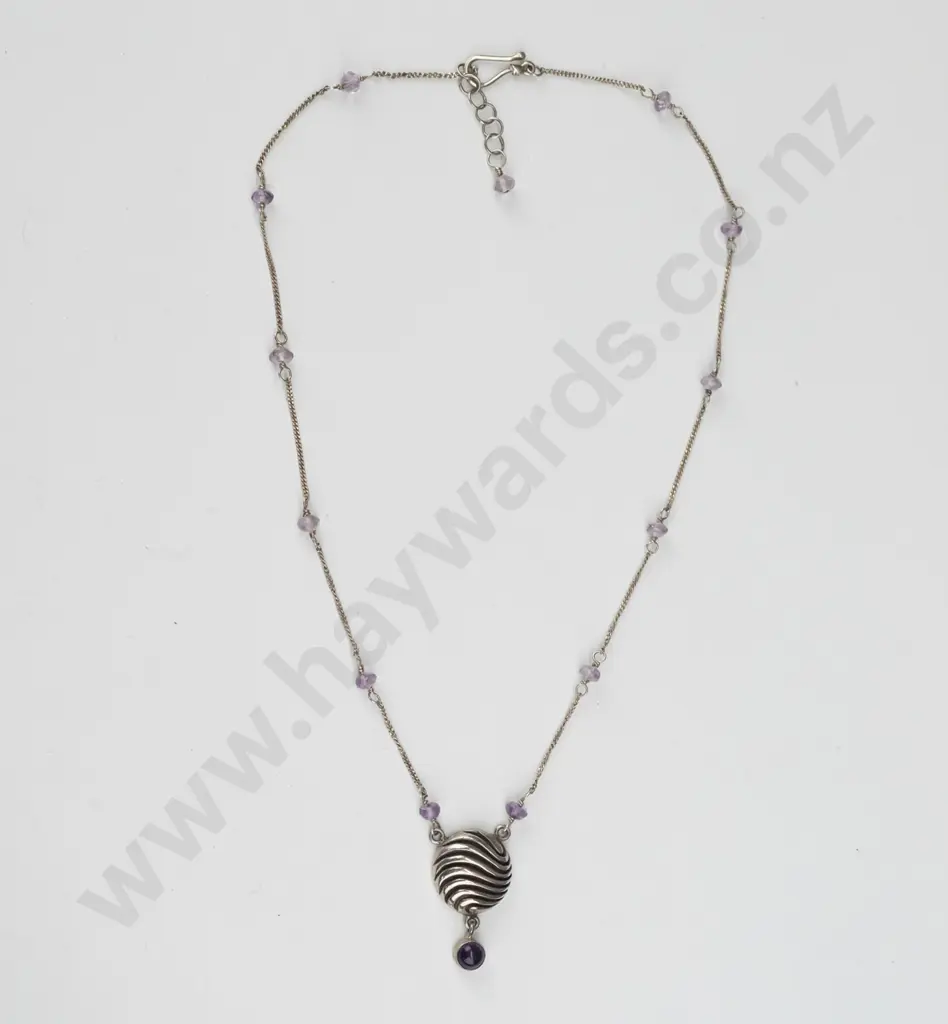 silver amethyst bead necklace stamped 95 - 11g Image 1++
