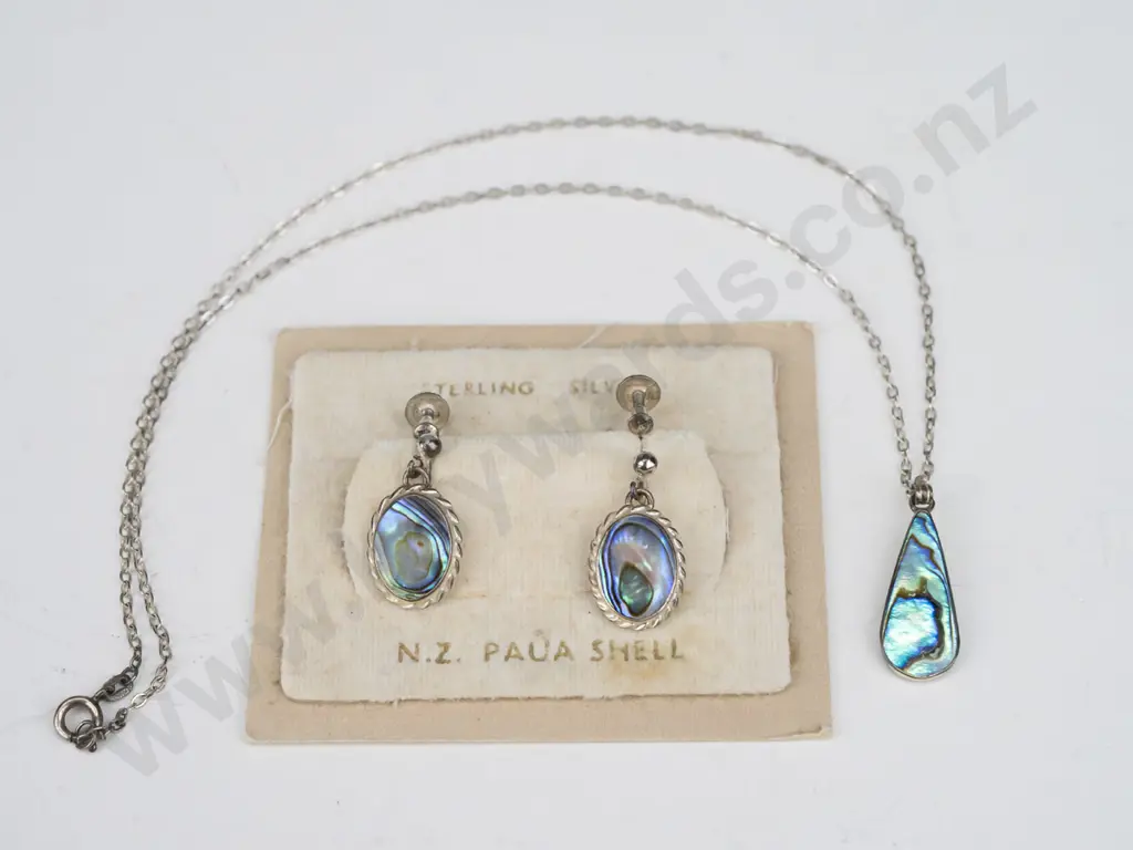 paua shell / silver necklace & earring [screw on] stamped stg Image 1++