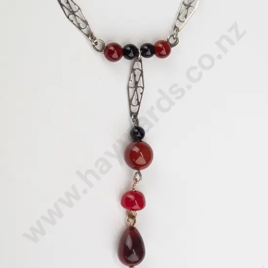 long silver chain & carnelian bead necklace stamped 925 - 125g