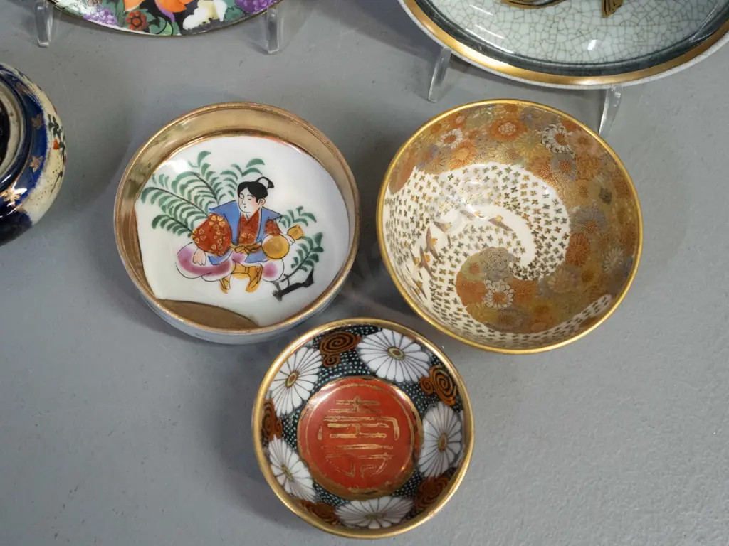 6 vintage miniature china items - Royal Copenhagen gilt fish design, 4 satsuma style and a floral coffee can & saucer Image 1++